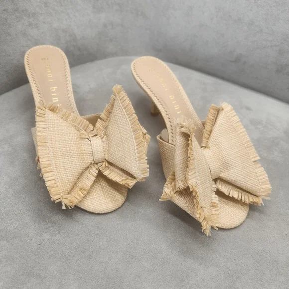 Gianni Bini Mules 8.5 Nude Beige Raffia Le Cadeau Kitten Heel Chunky Bow New$100 - Picture 8 of 16